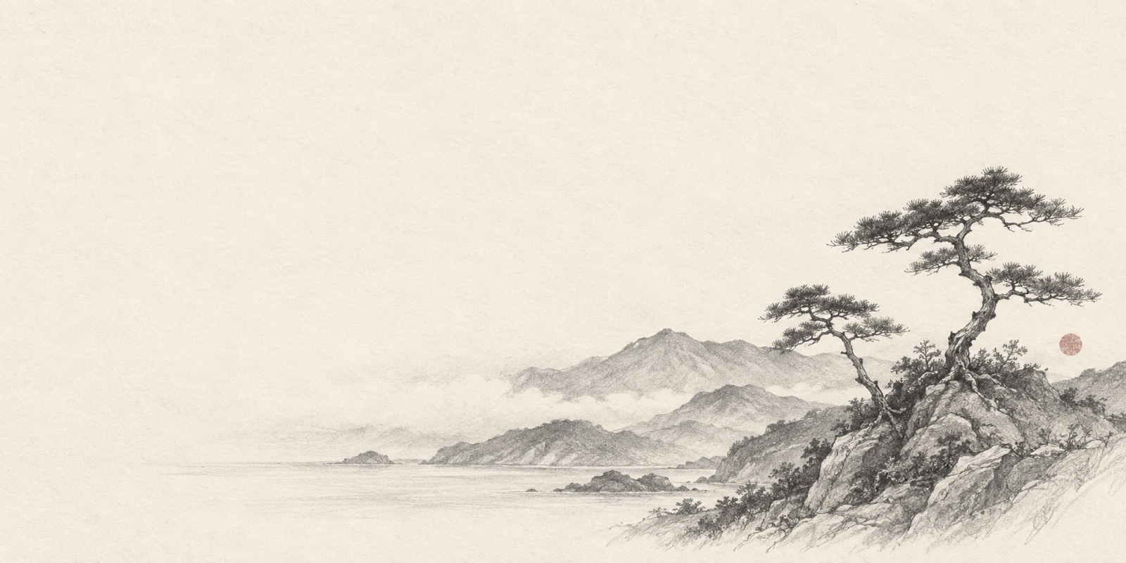 A pencil drawing of misty mountains across calm water, with a pine on the rocks in front and a small red sun.