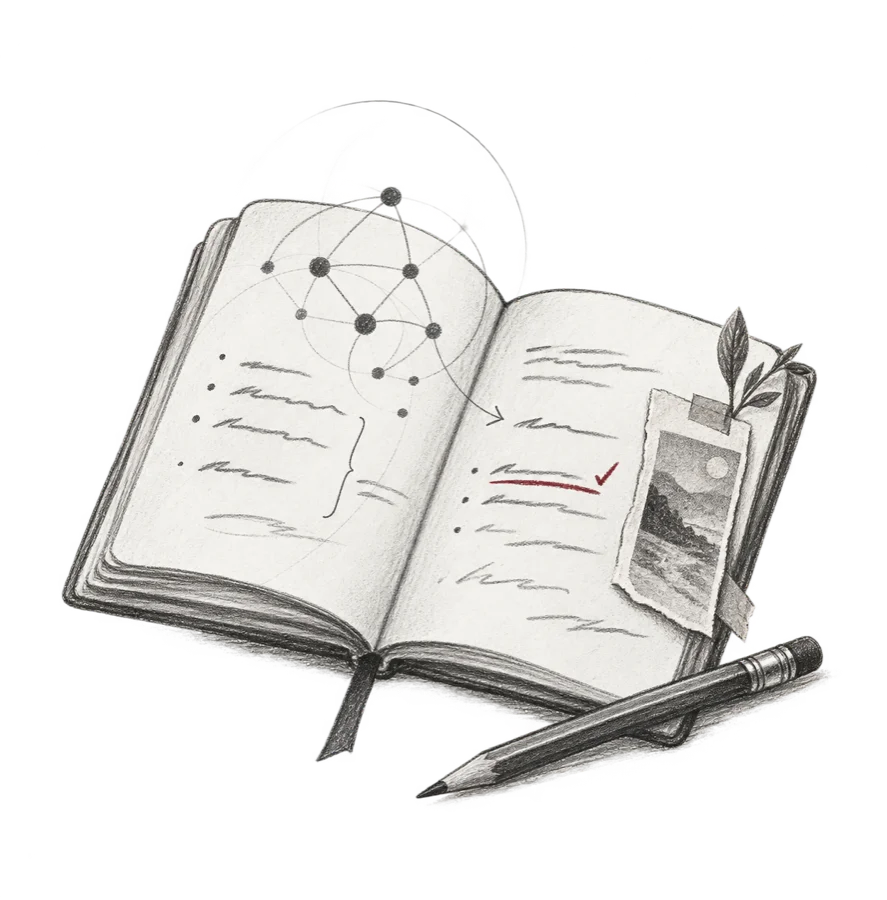 A graphite drawing of an open notebook and a pencil.