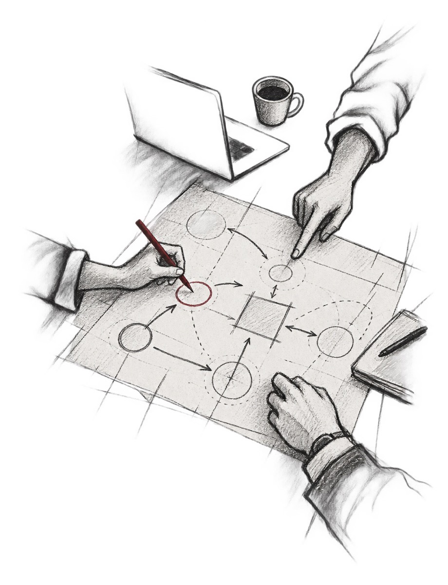 A pencil drawing of three people planning on a paper diagram beside a laptop and a cup of coffee. One of them circles a step in red pencil.